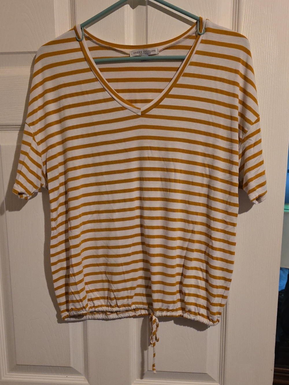 Green Envelope White & Mustard Striped V-Neck Drawstring Tee